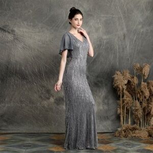 Vintage sl fashions Dress, Silver Crochet Knit, Maxi, Fringe, Black Lining, 14